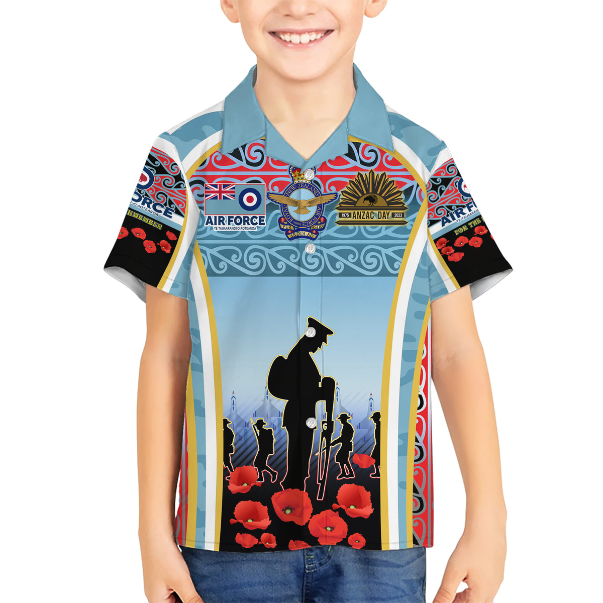 Royal New Zealand Air Force ANZAC Day Family Matching Short Sleeve Bodycon Dress and Hawaiian Shirt Te Tauaarangi o Aotearoa LT03 Son's Shirt Blue - Polynesian Pride