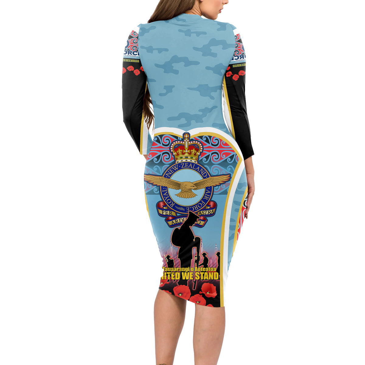 Royal New Zealand Air Force ANZAC Day Long Sleeve Bodycon Dress Te Tauaarangi o Aotearoa LT03 - Polynesian Pride