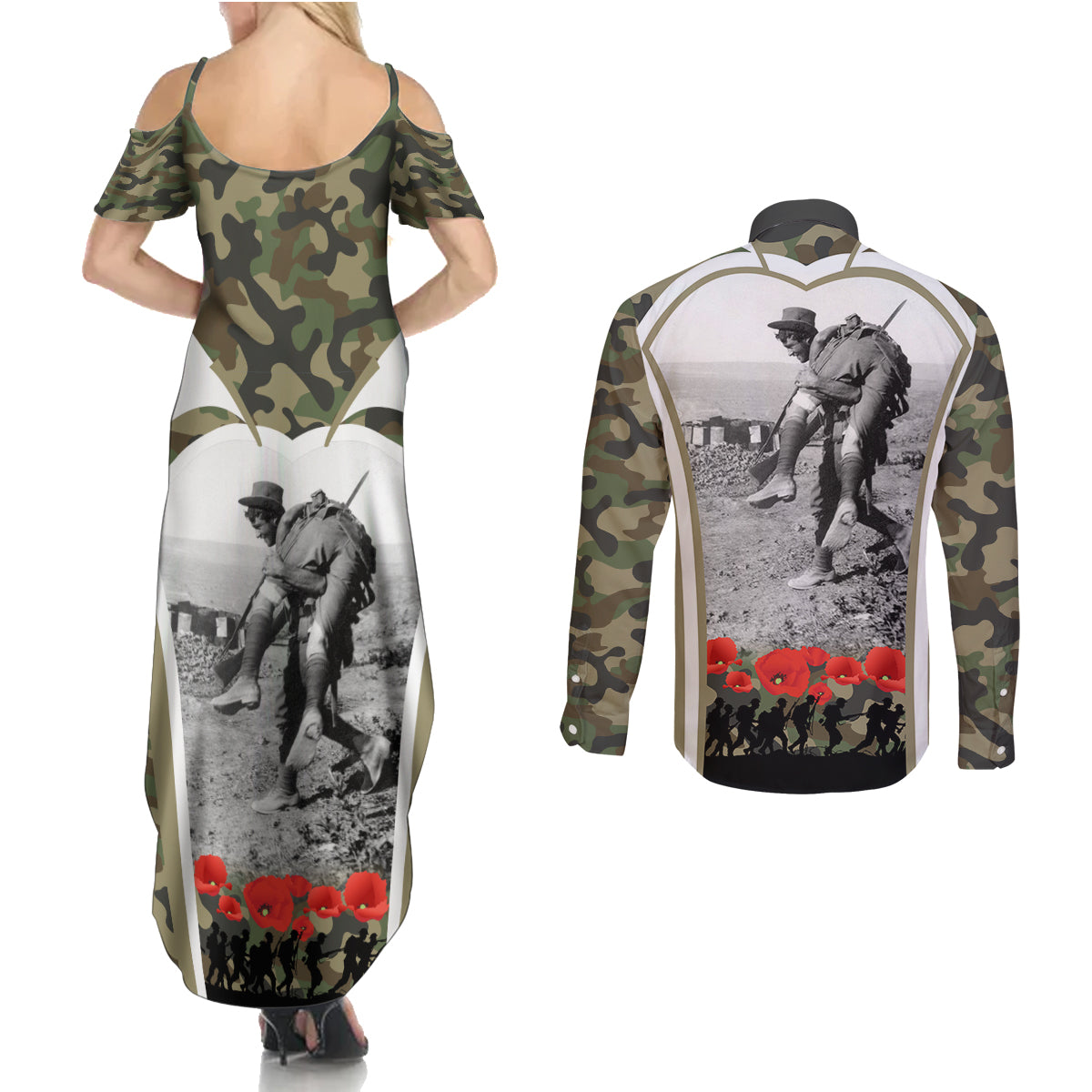 New Zealand and Australia ANZAC Day Couples Matching Summer Maxi Dress and Long Sleeve Button Shirt Koala and Kiwi Bird Soldier Gallipoli Camouflage Style LT03 - Polynesian Pride