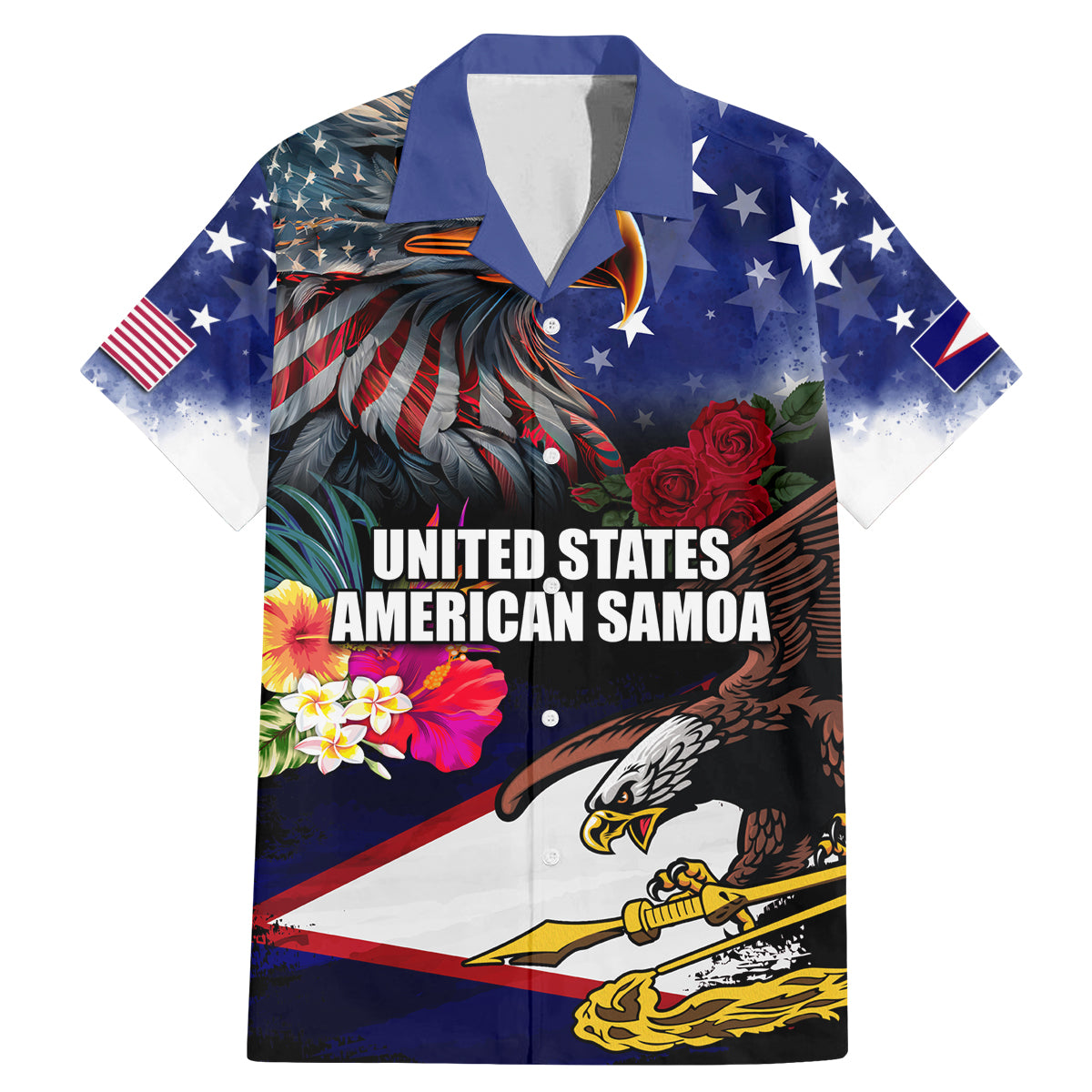 United States and American Samoa Family Matching Mermaid Dress and Hawaiian Shirt Bald Eagle Rose and Hibiscus Flower