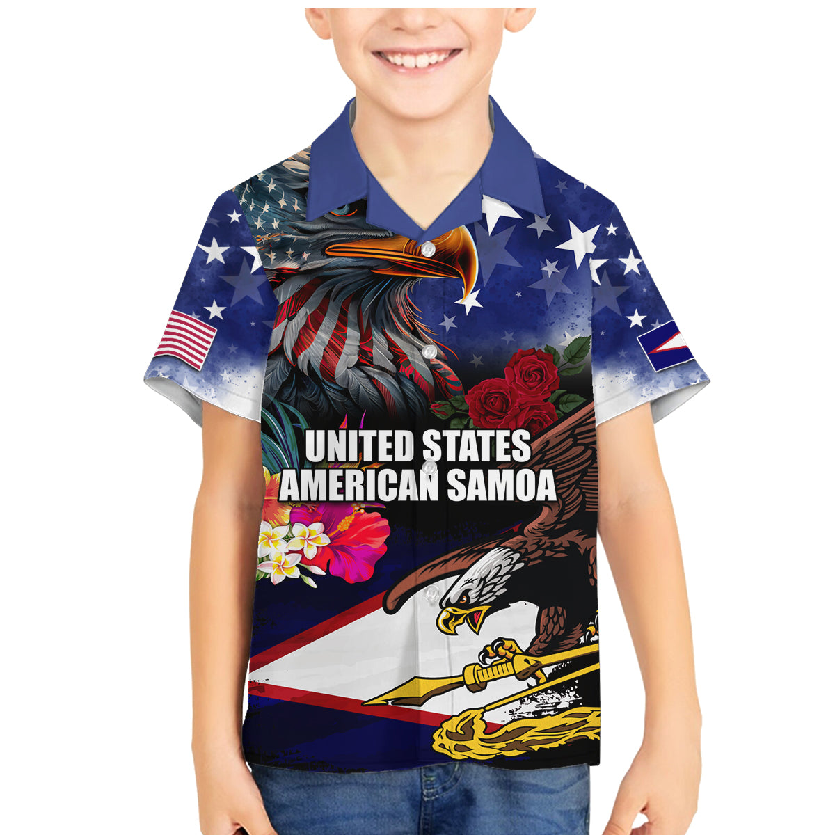 United States and American Samoa Family Matching Mermaid Dress and Hawaiian Shirt Bald Eagle Rose and Hibiscus Flower