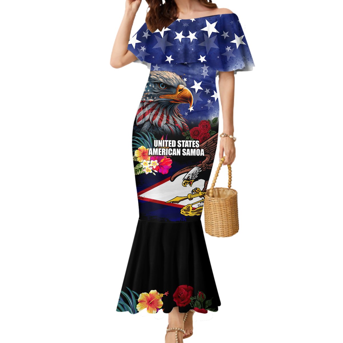 Personalised United States and American Samoa Mermaid Dress Bald Eagle Rose and Hibiscus Flower LT03 Women Blue - Polynesian Pride