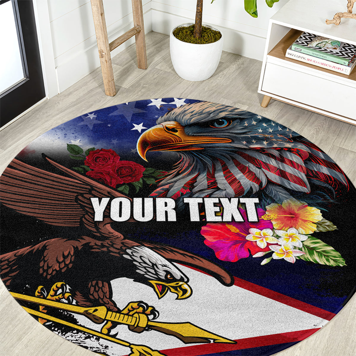 Personalised United States and American Samoa Round Carpet Bald Eagle Rose and Hibiscus Flower LT03 Blue - Polynesian Pride
