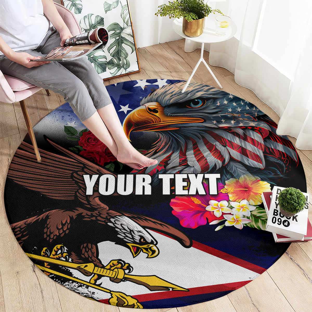 Personalised United States and American Samoa Round Carpet Bald Eagle Rose and Hibiscus Flower LT03 - Polynesian Pride