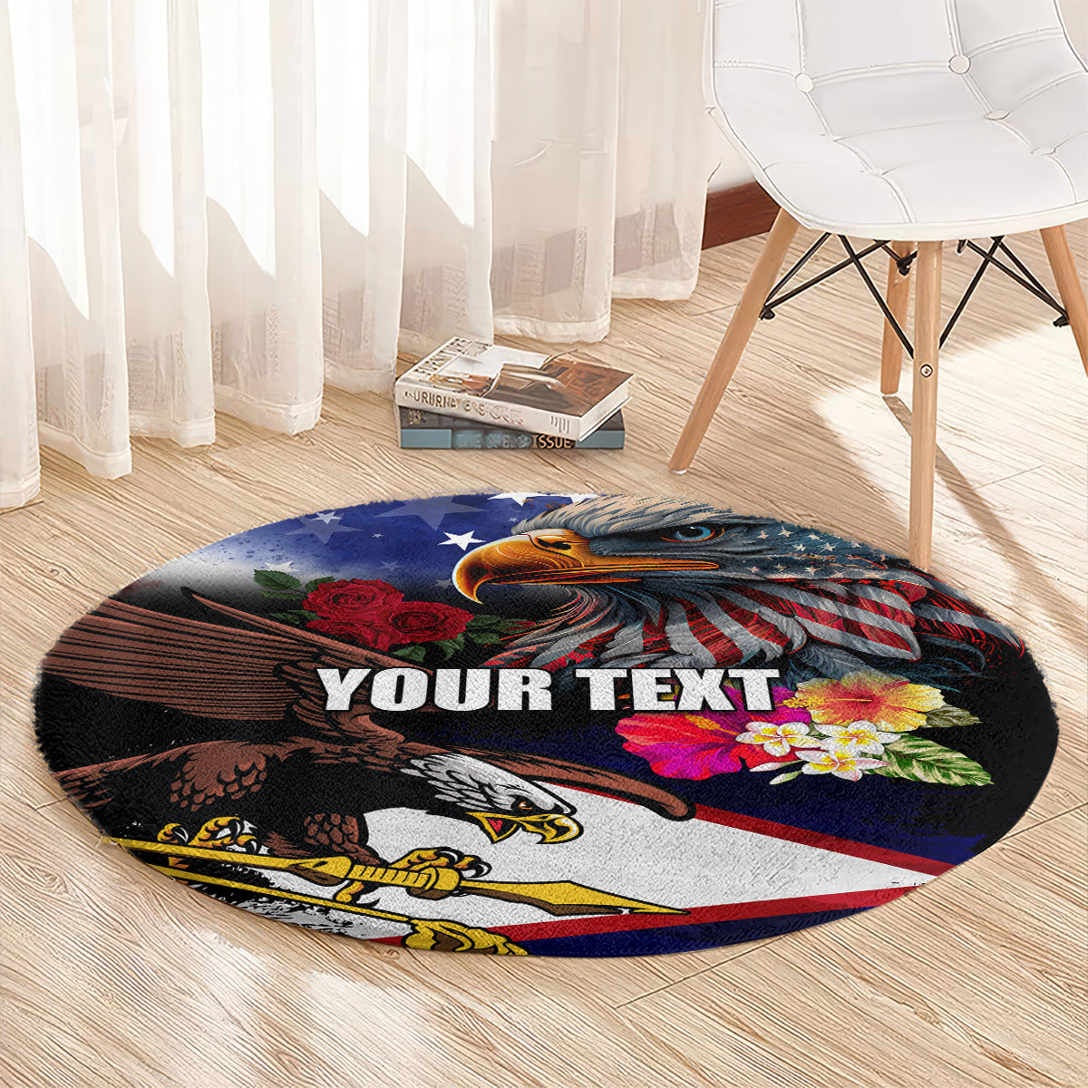 Personalised United States and American Samoa Round Carpet Bald Eagle Rose and Hibiscus Flower LT03 - Polynesian Pride