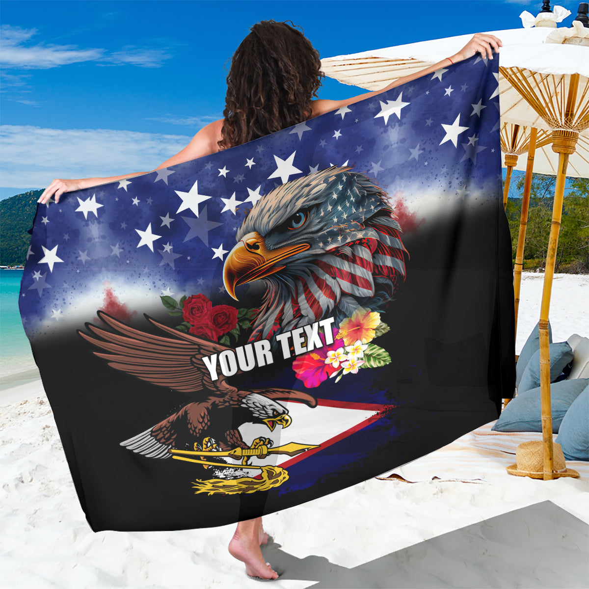 Personalised United States and American Samoa Sarong Bald Eagle Rose and Hibiscus Flower LT03 One Size 44 x 66 inches Blue - Polynesian Pride