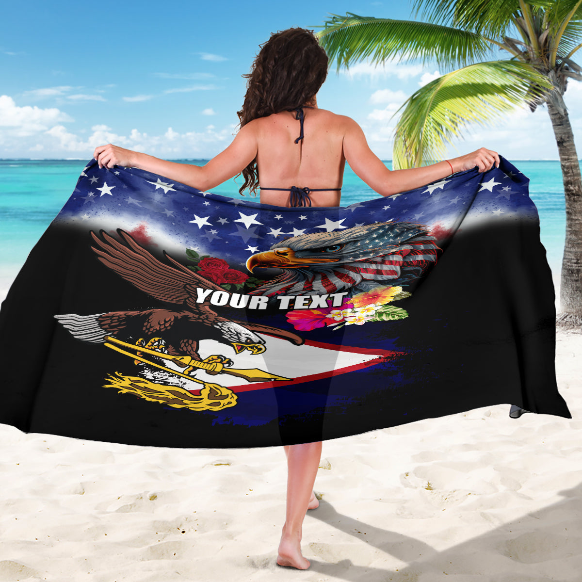 Personalised United States and American Samoa Sarong Bald Eagle Rose and Hibiscus Flower LT03 - Polynesian Pride