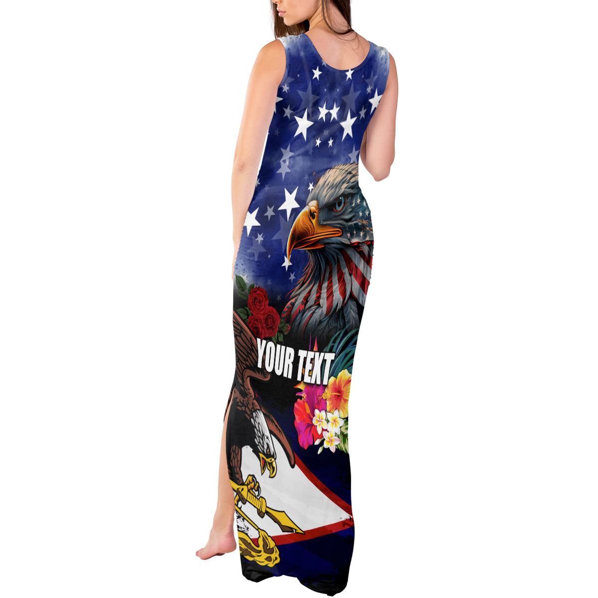 United States and American Samoa Tank Maxi Dress Bald Eagle Rose and Hibiscus Flower