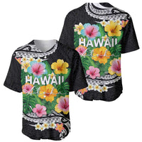 Hawaii Aloha Tropical Leaves and Flower Baseball Jersey with Polynesian Art Tattoo Black Color - Polynesian Pride