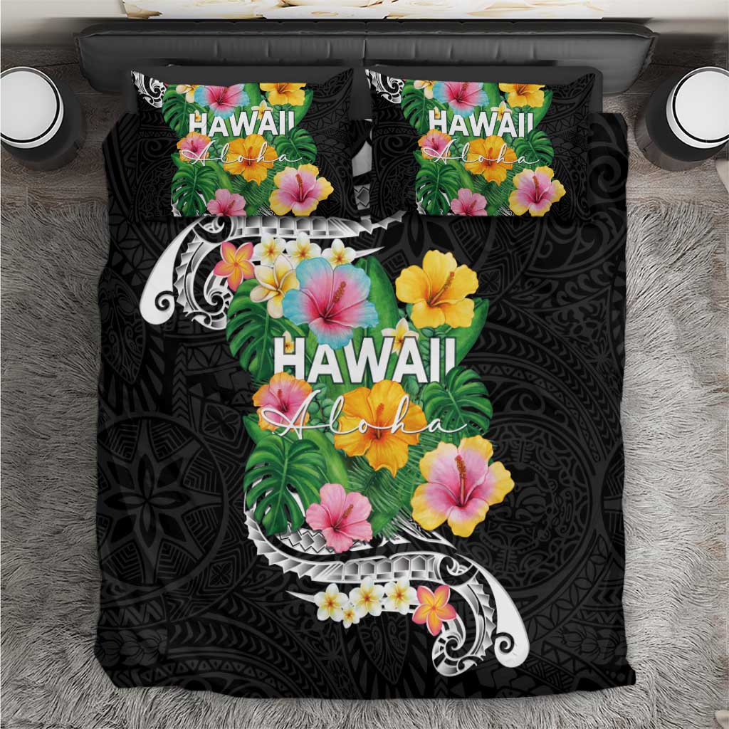 Hawaii Aloha Tropical Leaves and Flower Bedding Set with Polynesian Art Tattoo Black Color - Polynesian Pride