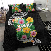 Hawaii Aloha Tropical Leaves and Flower Bedding Set with Polynesian Art Tattoo Black Color - Polynesian Pride