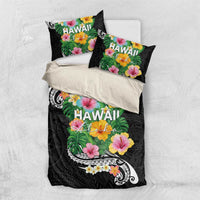 Hawaii Aloha Tropical Leaves and Flower Bedding Set with Polynesian Art Tattoo Black Color - Polynesian Pride