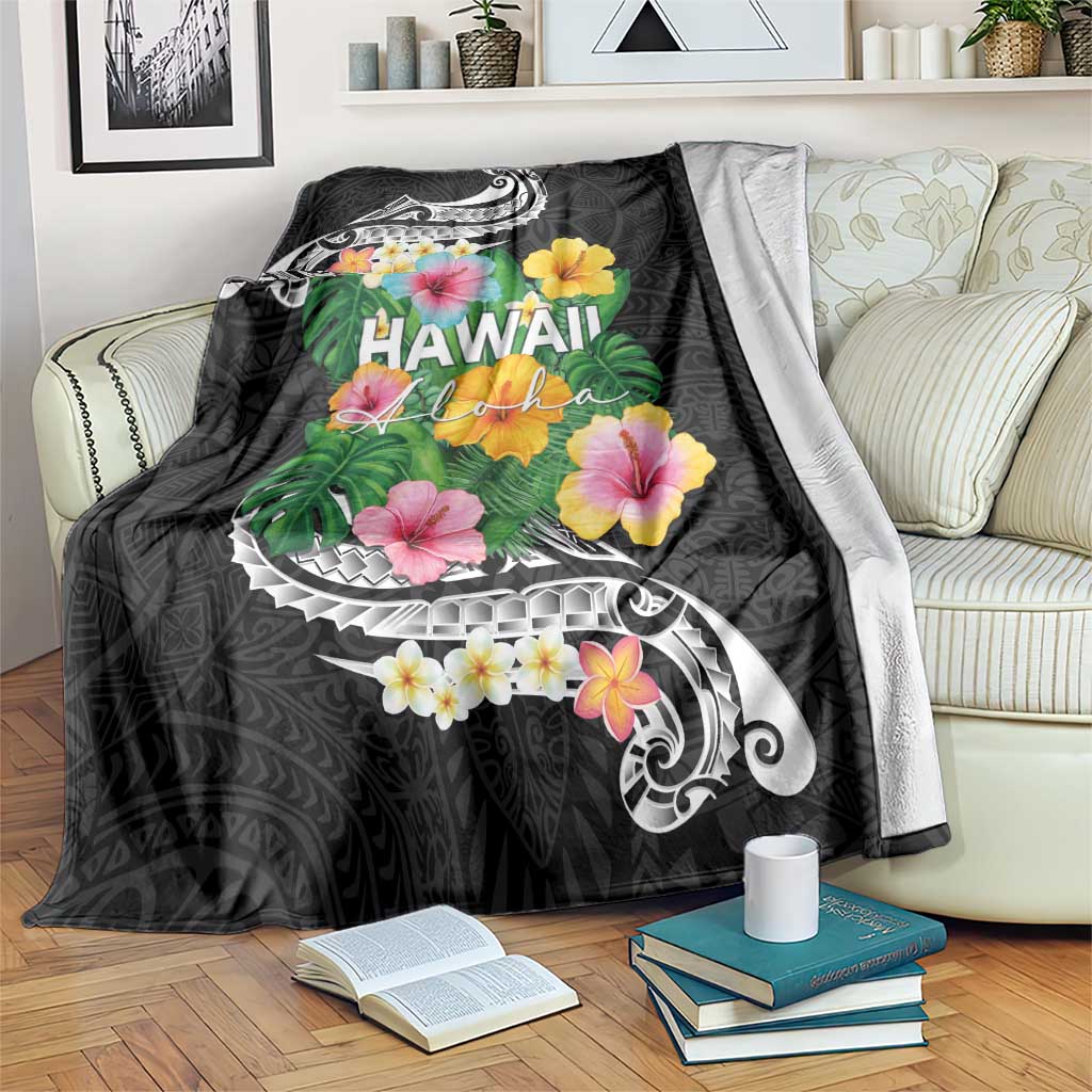 Hawaii Aloha Tropical Leaves and Flower Blanket with Polynesian Art Tattoo Black Color - Polynesian Pride