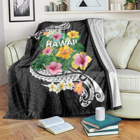 Hawaii Aloha Tropical Leaves and Flower Blanket with Polynesian Art Tattoo Black Color - Polynesian Pride