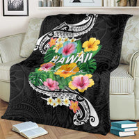 Hawaii Aloha Tropical Leaves and Flower Blanket with Polynesian Art Tattoo Black Color - Polynesian Pride