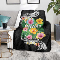 Hawaii Aloha Tropical Leaves and Flower Blanket with Polynesian Art Tattoo Black Color - Polynesian Pride