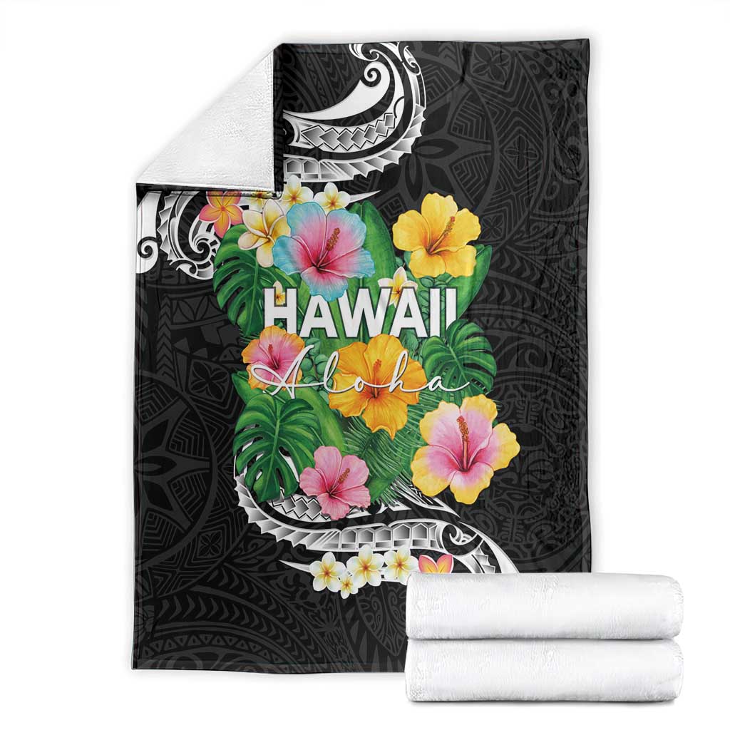 Hawaii Aloha Tropical Leaves and Flower Blanket with Polynesian Art Tattoo Black Color - Polynesian Pride