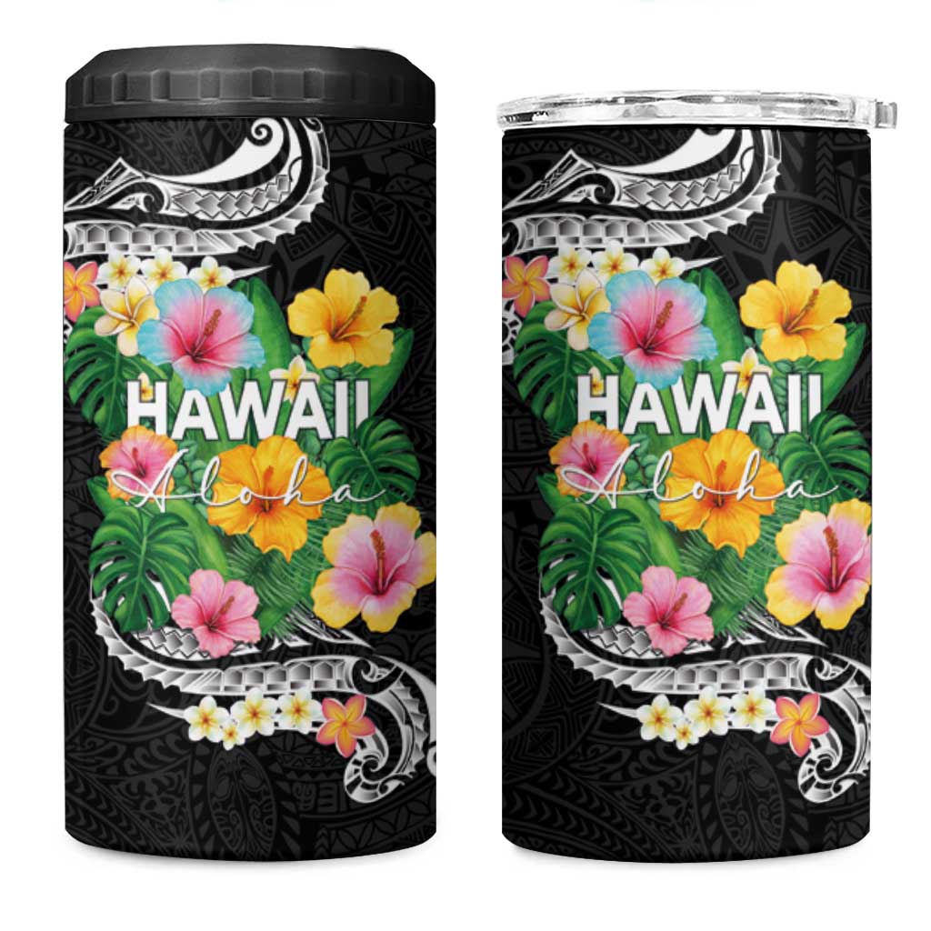 Hawaii Aloha Tropical Leaves and Flower 4 in 1 Can Cooler Tumbler with Polynesian Art Tattoo Black Color - Polynesian Pride