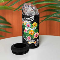 Hawaii Aloha Tropical Leaves and Flower 4 in 1 Can Cooler Tumbler with Polynesian Art Tattoo Black Color - Polynesian Pride