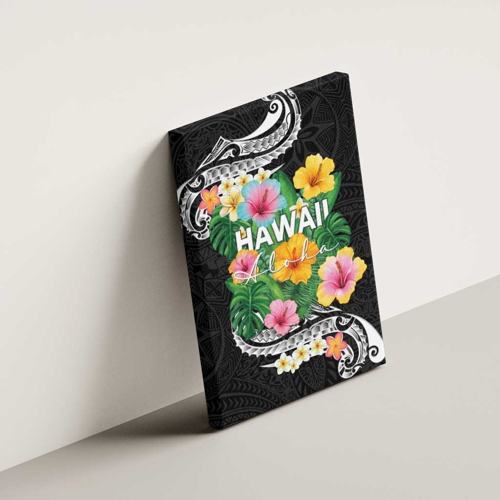 Hawaii Aloha Tropical Leaves and Flower Canvas Wall Art with Polynesian Art Tattoo Black Color - Polynesian Pride