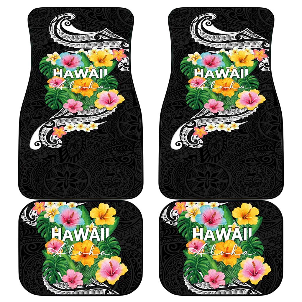 Hawaii Aloha Tropical Leaves and Flower Car Mats with Polynesian Art Tattoo Black Color - Polynesian Pride