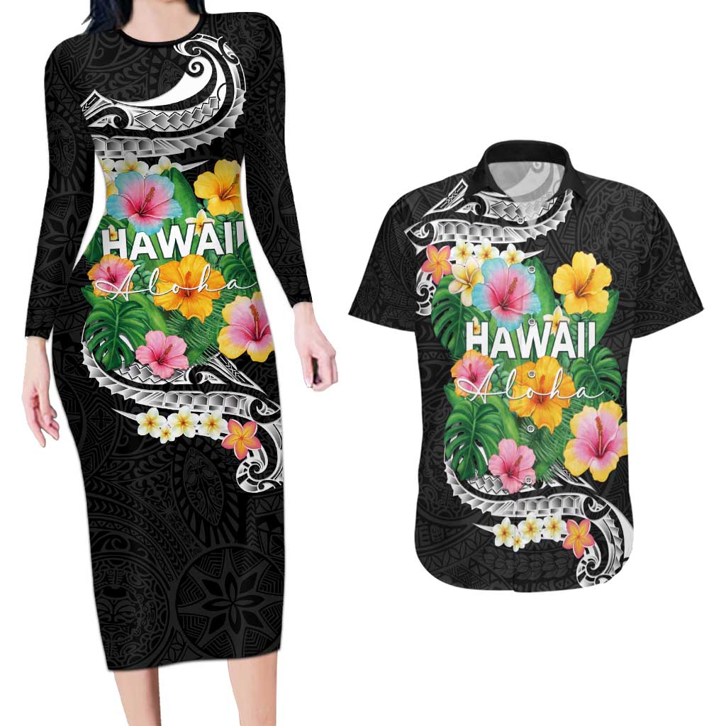Hawaii Aloha Tropical Leaves and Flower Couples Matching Long Sleeve Bodycon Dress and Hawaiian Shirt with Polynesian Art Tattoo Black Color - Polynesian Pride