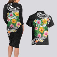 Hawaii Aloha Tropical Leaves and Flower Couples Matching Long Sleeve Bodycon Dress and Hawaiian Shirt with Polynesian Art Tattoo Black Color - Polynesian Pride