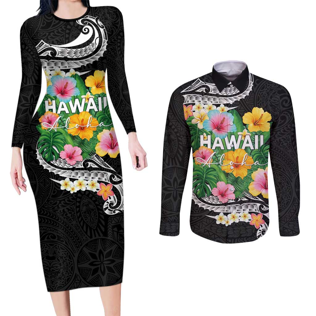 Hawaii Aloha Tropical Leaves and Flower Couples Matching Long Sleeve Bodycon Dress and Long Sleeve Button Shirt with Polynesian Art Tattoo Black Color - Polynesian Pride