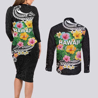 Hawaii Aloha Tropical Leaves and Flower Couples Matching Long Sleeve Bodycon Dress and Long Sleeve Button Shirt with Polynesian Art Tattoo Black Color - Polynesian Pride