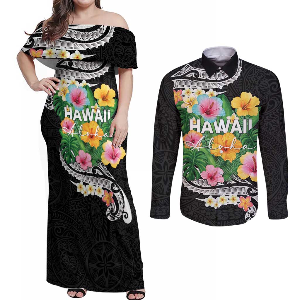 Hawaii Aloha Tropical Leaves and Flower Couples Matching Off Shoulder Maxi Dress and Long Sleeve Button Shirt with Polynesian Art Tattoo Black Color - Polynesian Pride