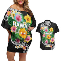 Hawaii Aloha Tropical Leaves and Flower Couples Matching Off Shoulder Short Dress and Hawaiian Shirt with Polynesian Art Tattoo Black Color - Polynesian Pride