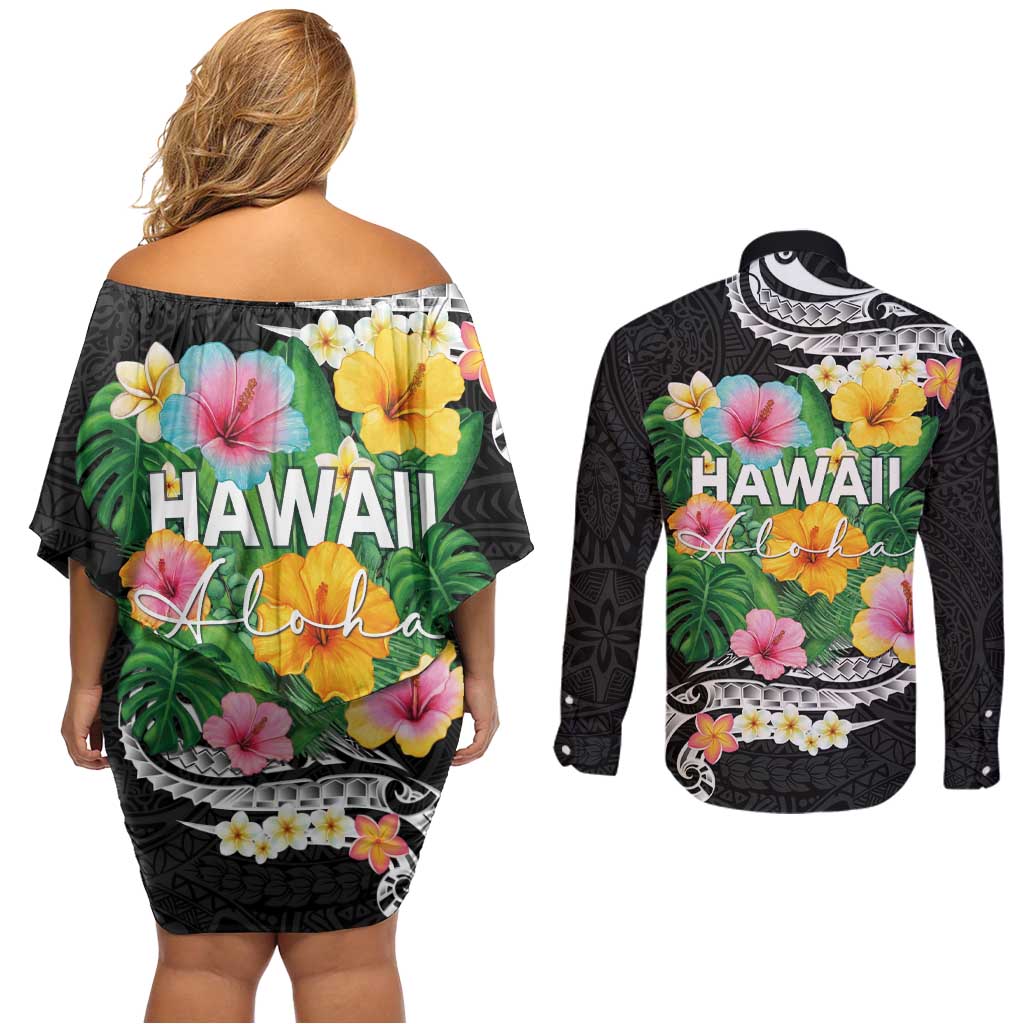 Hawaii Aloha Tropical Leaves and Flower Couples Matching Off Shoulder Short Dress and Long Sleeve Button Shirt with Polynesian Art Tattoo Black Color - Polynesian Pride
