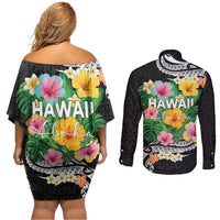 Hawaii Aloha Tropical Leaves and Flower Couples Matching Off Shoulder Short Dress and Long Sleeve Button Shirt with Polynesian Art Tattoo Black Color - Polynesian Pride