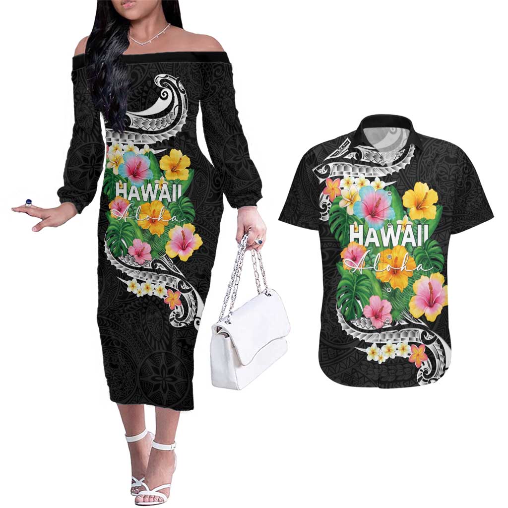 Hawaii Aloha Tropical Leaves and Flower Couples Matching Off The Shoulder Long Sleeve Dress and Hawaiian Shirt with Polynesian Art Tattoo Black Color - Polynesian Pride