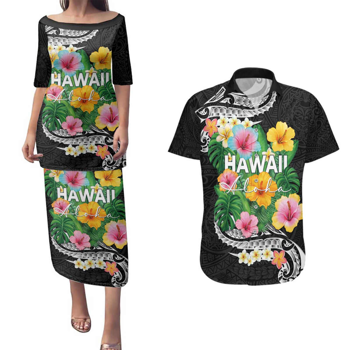 Hawaii Aloha Tropical Leaves and Flower Couples Matching Puletasi and Hawaiian Shirt with Polynesian Art Tattoo Black Color - Polynesian Pride