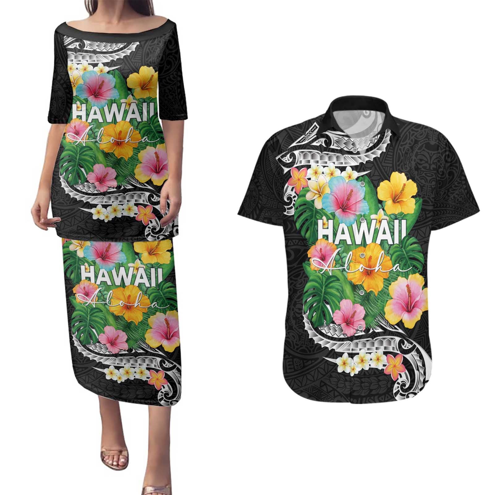 Hawaii Aloha Tropical Leaves and Flower Couples Matching Puletasi and Hawaiian Shirt with Polynesian Art Tattoo Black Color - Polynesian Pride