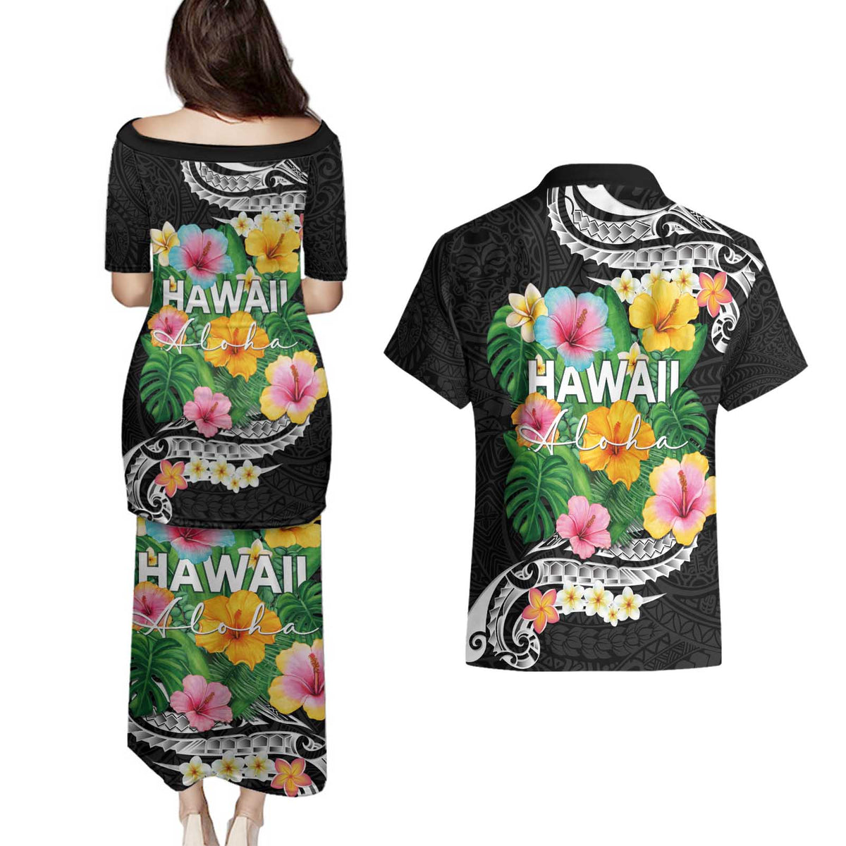 Hawaii Aloha Tropical Leaves and Flower Couples Matching Puletasi and Hawaiian Shirt with Polynesian Art Tattoo Black Color - Polynesian Pride