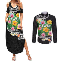Hawaii Aloha Tropical Leaves and Flower Couples Matching Summer Maxi Dress and Long Sleeve Button Shirt with Polynesian Art Tattoo Black Color - Polynesian Pride
