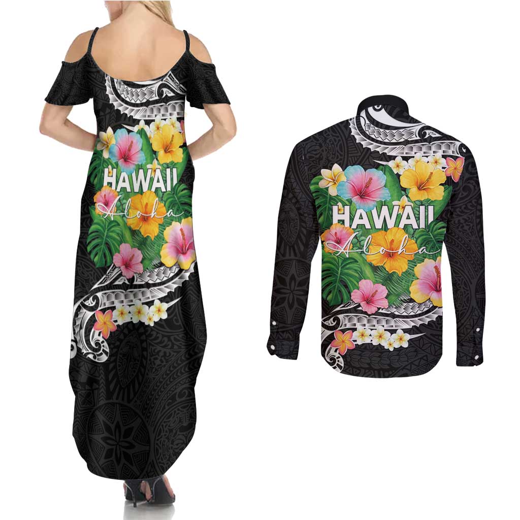 Hawaii Aloha Tropical Leaves and Flower Couples Matching Summer Maxi Dress and Long Sleeve Button Shirt with Polynesian Art Tattoo Black Color - Polynesian Pride