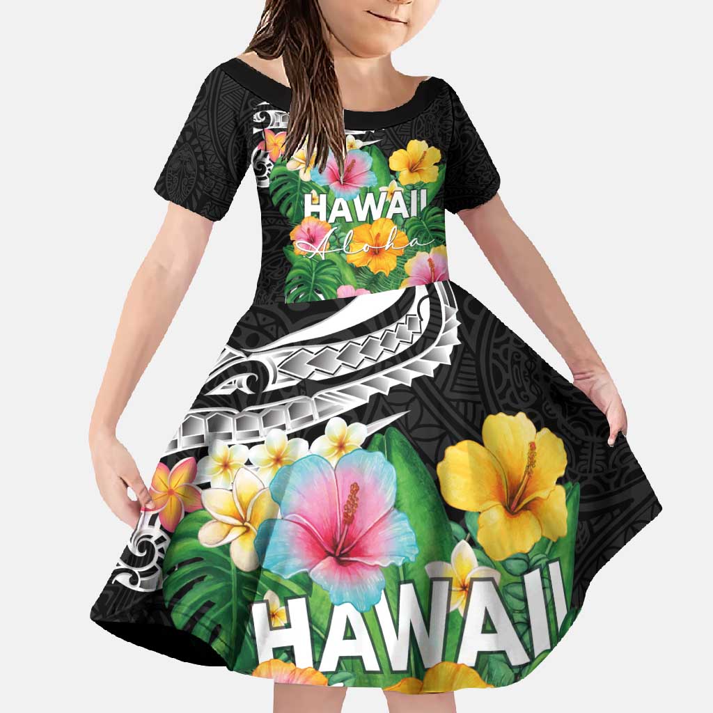Hawaii Aloha Tropical Leaves and Flower Family Matching Long Sleeve Bodycon Dress and Hawaiian Shirt with Polynesian Art Tattoo Black Color - Polynesian Pride
