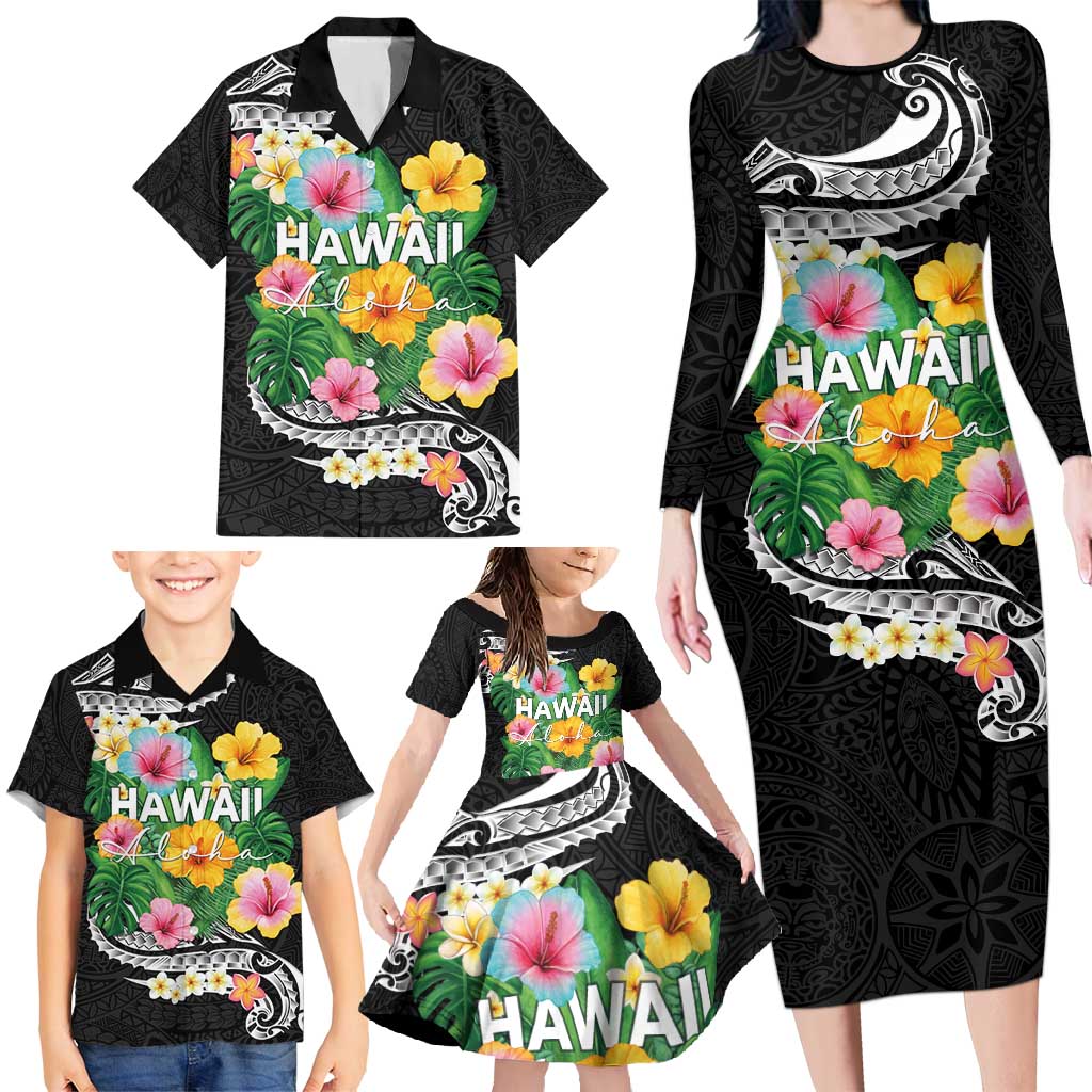 Hawaii Aloha Tropical Leaves and Flower Family Matching Long Sleeve Bodycon Dress and Hawaiian Shirt with Polynesian Art Tattoo Black Color - Polynesian Pride