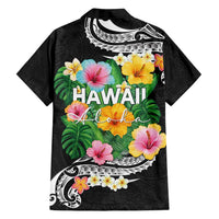Hawaii Aloha Tropical Leaves and Flower Family Matching Long Sleeve Bodycon Dress and Hawaiian Shirt with Polynesian Art Tattoo Black Color - Polynesian Pride