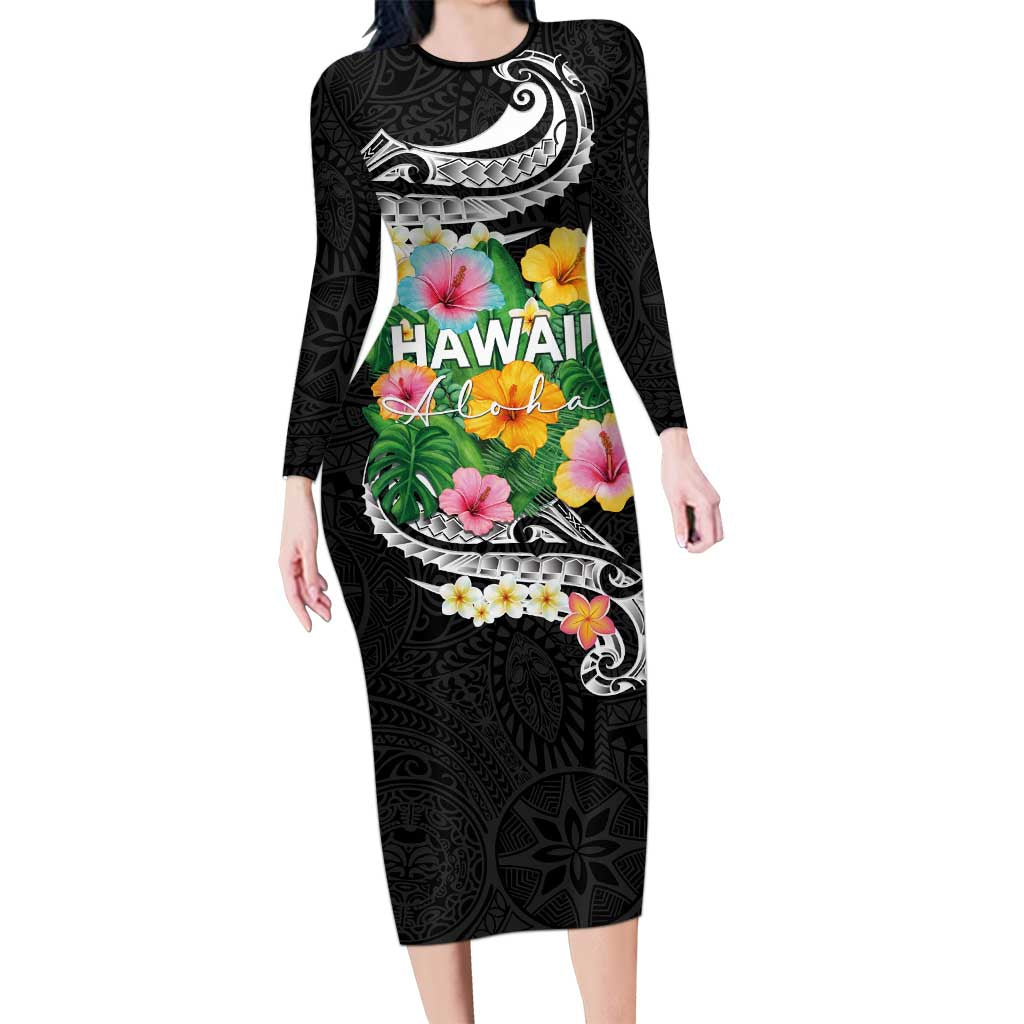 Hawaii Aloha Tropical Leaves and Flower Family Matching Long Sleeve Bodycon Dress and Hawaiian Shirt with Polynesian Art Tattoo Black Color - Polynesian Pride
