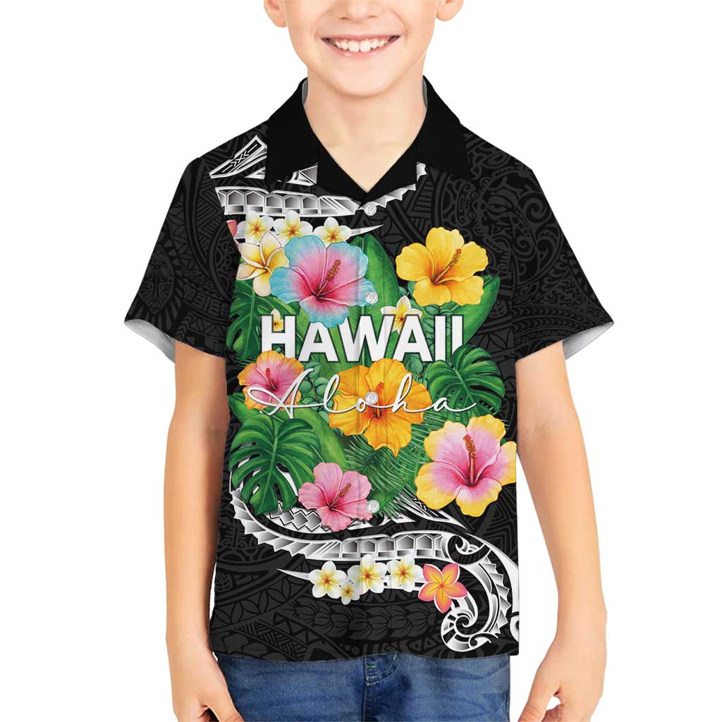 Hawaii Aloha Tropical Leaves and Flower Family Matching Long Sleeve Bodycon Dress and Hawaiian Shirt with Polynesian Art Tattoo Black Color - Polynesian Pride