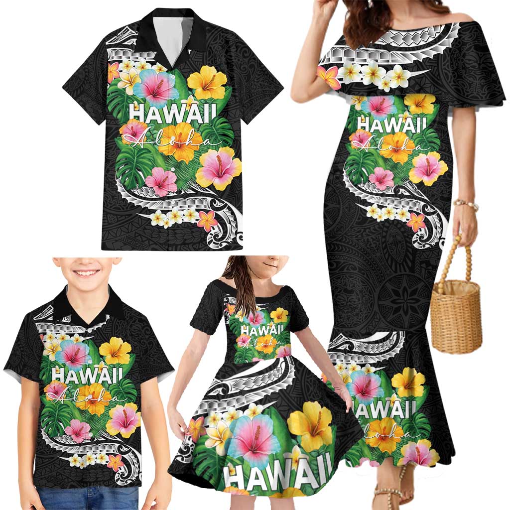 Hawaii Aloha Tropical Leaves and Flower Family Matching Mermaid Dress and Hawaiian Shirt with Polynesian Art Tattoo Black Color - Polynesian Pride