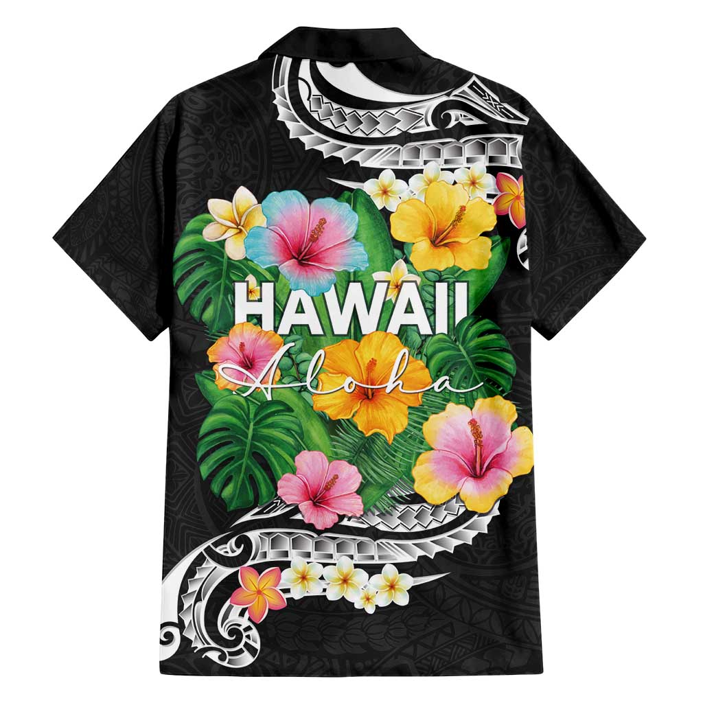 Hawaii Aloha Tropical Leaves and Flower Family Matching Off Shoulder Maxi Dress and Hawaiian Shirt with Polynesian Art Tattoo Black Color - Polynesian Pride