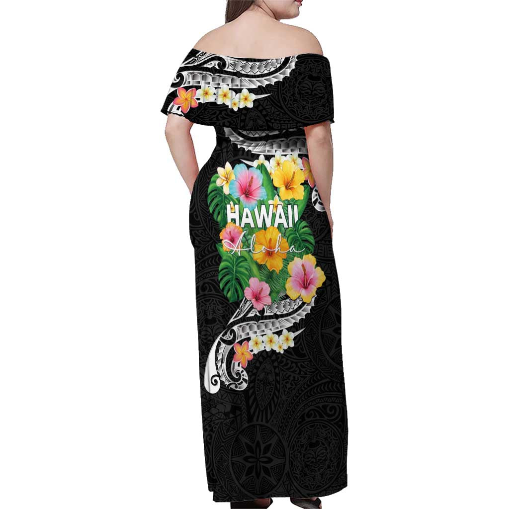 Hawaii Aloha Tropical Leaves and Flower Family Matching Off Shoulder Maxi Dress and Hawaiian Shirt with Polynesian Art Tattoo Black Color - Polynesian Pride