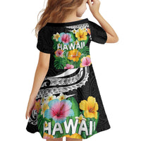 Hawaii Aloha Tropical Leaves and Flower Family Matching Off Shoulder Short Dress and Hawaiian Shirt with Polynesian Art Tattoo Black Color - Polynesian Pride