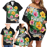 Hawaii Aloha Tropical Leaves and Flower Family Matching Off Shoulder Short Dress and Hawaiian Shirt with Polynesian Art Tattoo Black Color - Polynesian Pride