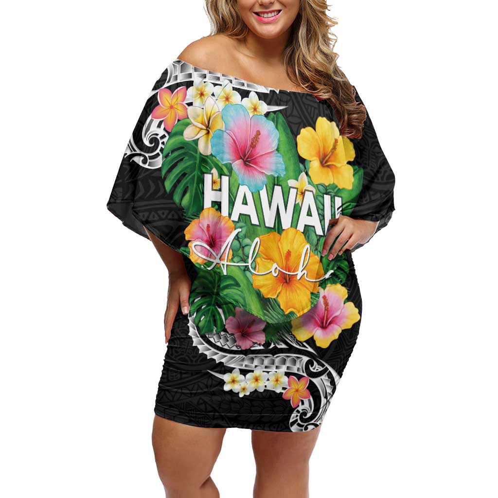Hawaii Aloha Tropical Leaves and Flower Family Matching Off Shoulder Short Dress and Hawaiian Shirt with Polynesian Art Tattoo Black Color - Polynesian Pride